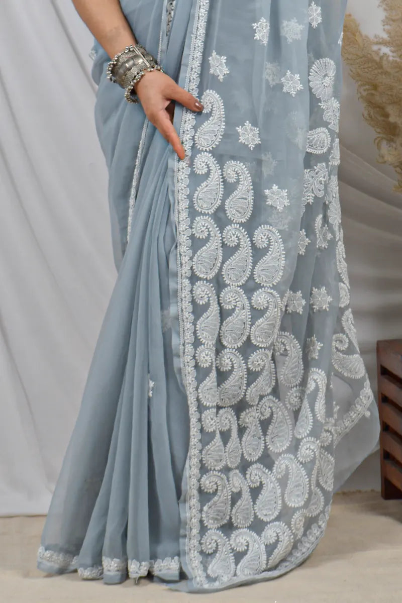 Fabnuma Handcrafted Gray Georgette Lucknowi Chikankari Saree with Blouse.