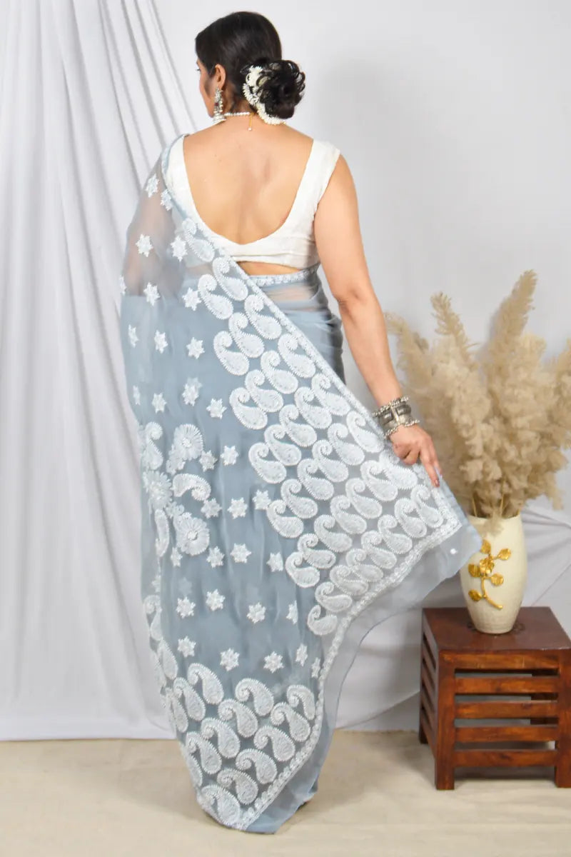 Fabnuma Handcrafted Gray Georgette Lucknowi Chikankari Saree with Blouse.