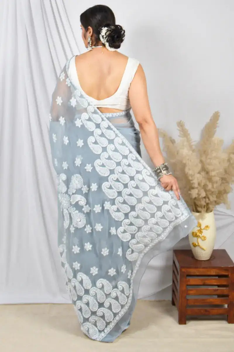 Fabnuma Handcrafted Gray Georgette Lucknowi Chikankari Saree with Blouse.
