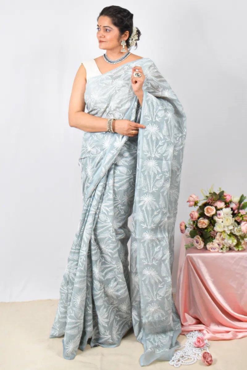 Gray Cotton saree with handcrafted Lucknowi Chikankari embroidery and matching blouse