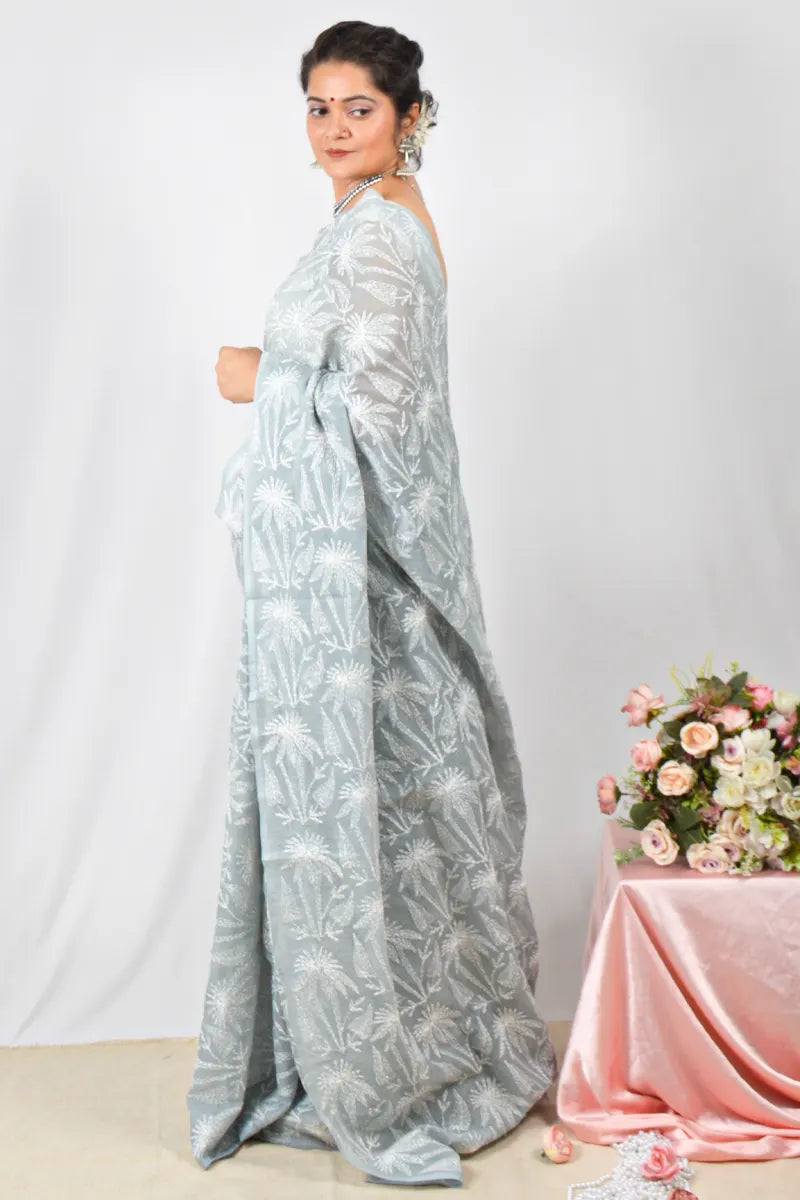 Gray Kota cotton saree with handcrafted Lucknowi Chikankari embroidery and matching blouse – ethnic wear by Fabnuma