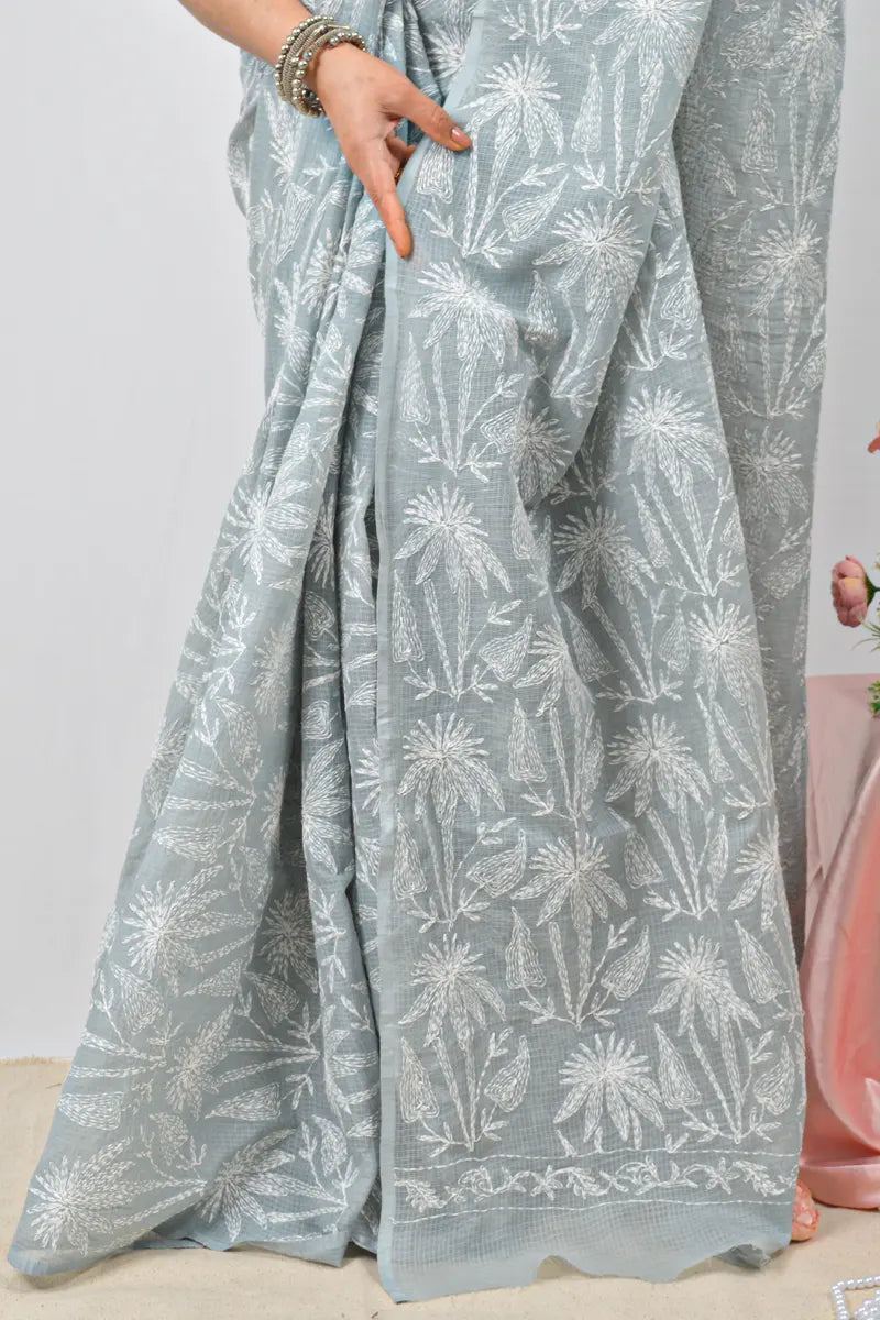 Gray Cotton saree with handcrafted Lucknowi Chikankari embroidery and matching blouse