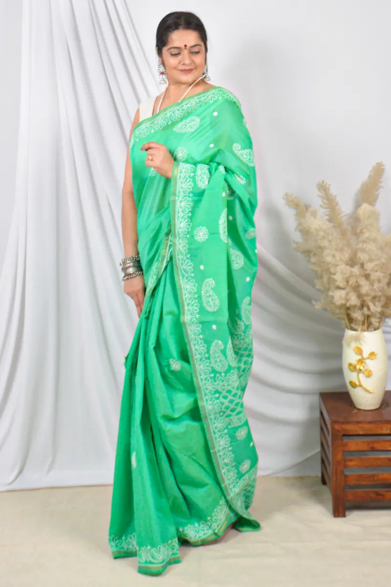 Fabnuma Handcrafted Green Chanderi Lucknowi Chikankari Saree with Blouse Lucknowi Chikankari