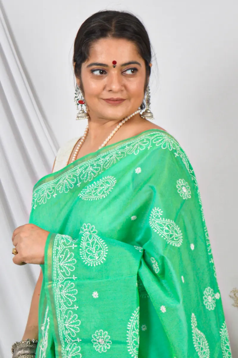 Fabnuma Handcrafted Green Chanderi Lucknowi Chikankari Saree with Blouse Lucknowi Chikankari