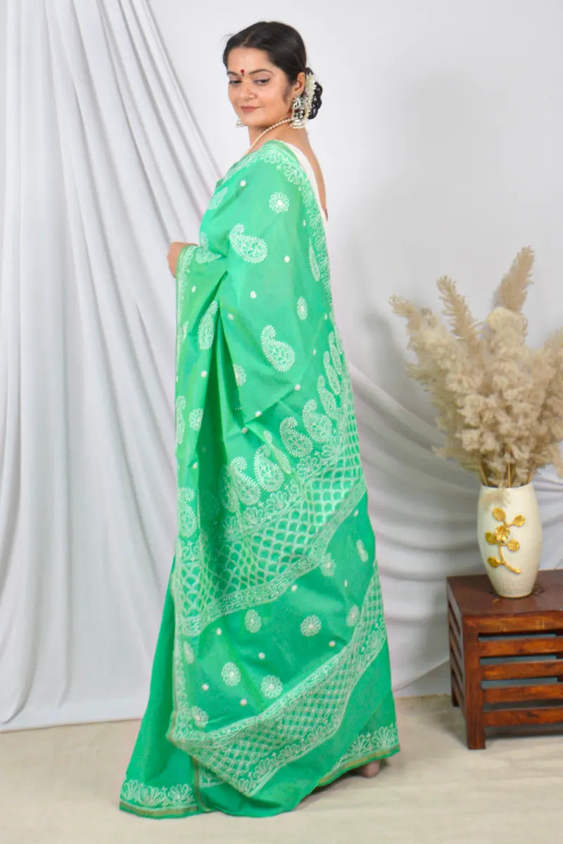 Fabnuma Handcrafted Green Chanderi Lucknowi Chikankari Saree with Blouse Lucknowi Chikankari