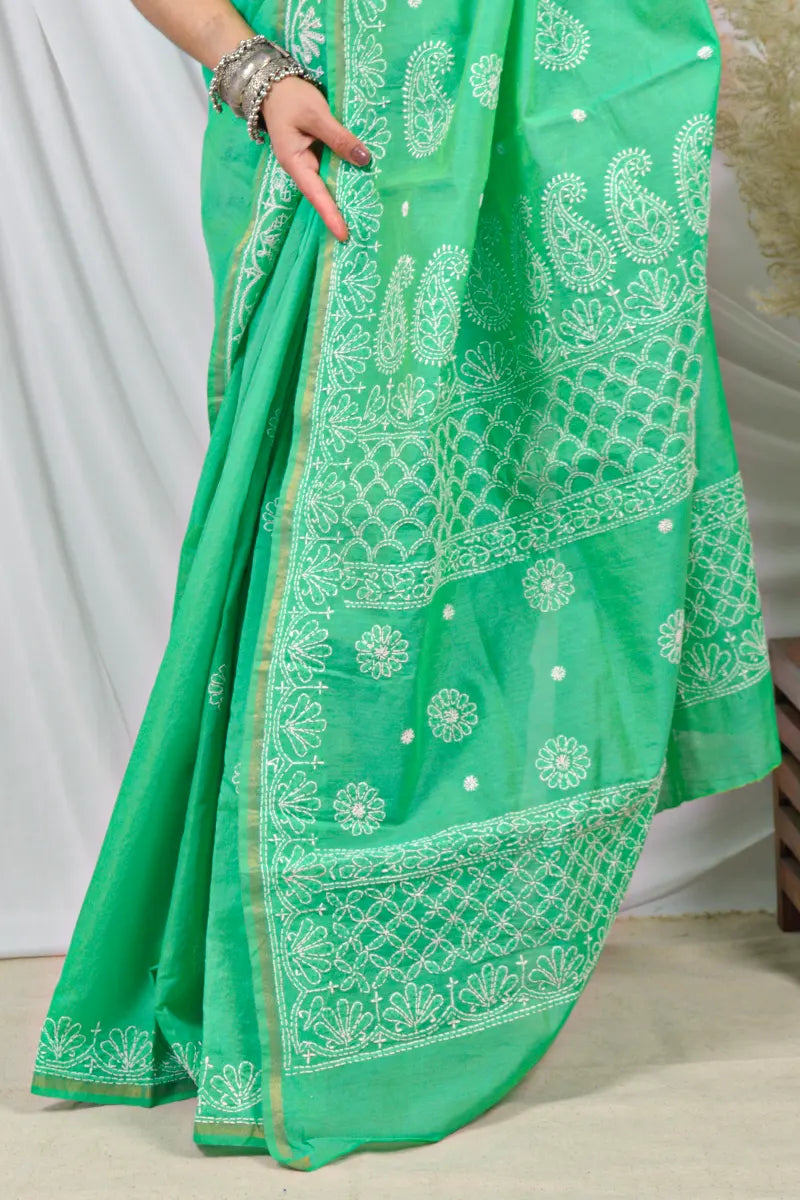 Fabnuma Handcrafted Green Chanderi Lucknowi Chikankari Saree with Blouse Lucknowi Chikankari