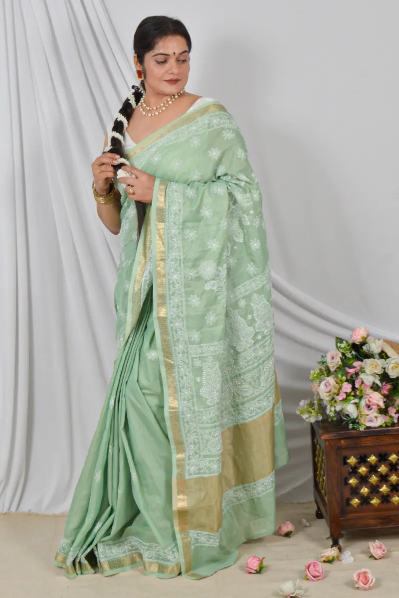 Memaana Handcrafted Green Border Palla Chanderi Cotton Saree with Blouse Lucknowi Chikankari