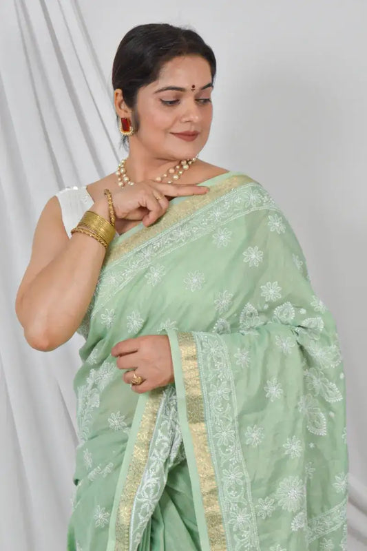Fabnuma Handcrafted Green Border Palla Chanderi Cotton Saree with Blouse Lucknowi Chikankari