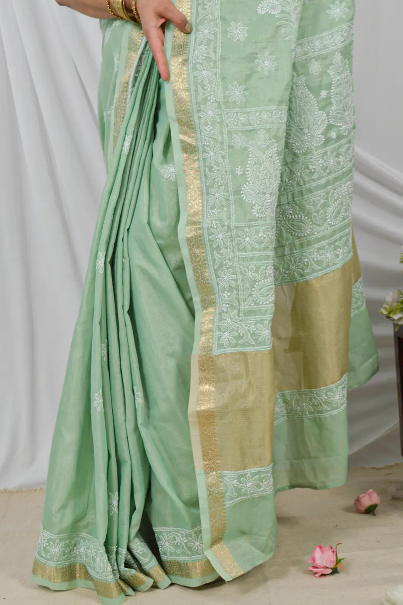 Fabnuma Handcrafted Green Border Palla Chanderi Cotton Saree with Blouse Lucknowi Chikankari