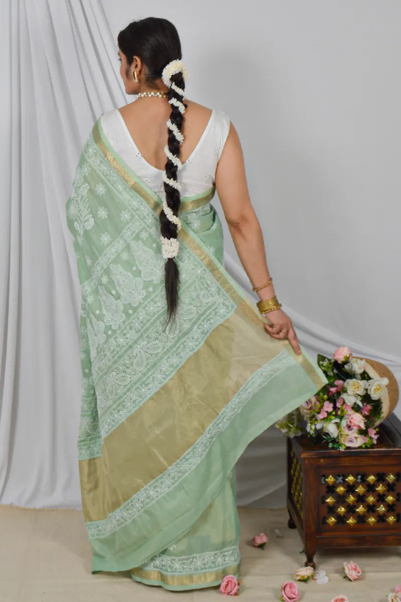 Memaana Handcrafted Green Border Palla Chanderi Cotton Saree with Blouse Lucknowi Chikankari