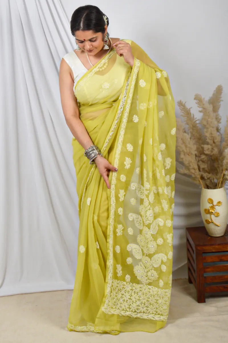 Fabnuma Handcrafted Green Georgette Lucknowi Chikankari Saree with Blouse.