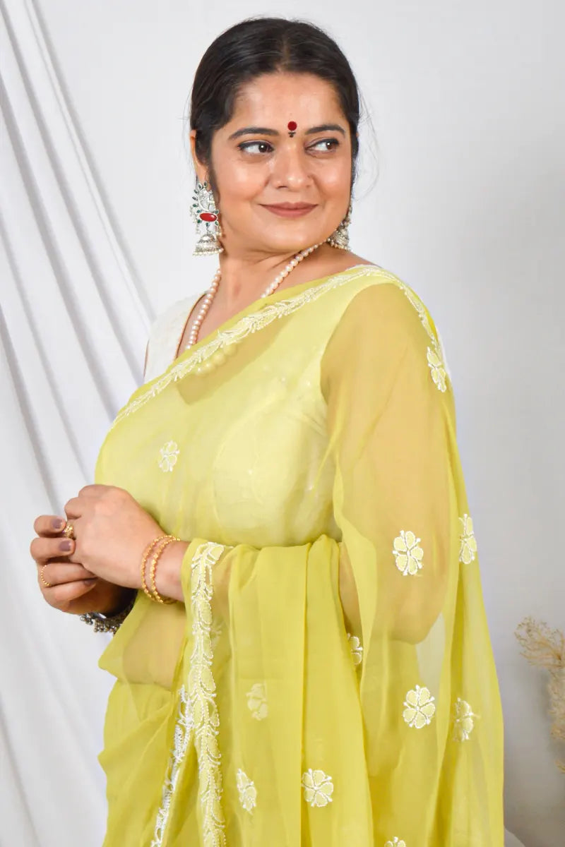 Fabnuma Handcrafted Green Georgette Lucknowi Chikankari Saree with Blouse.