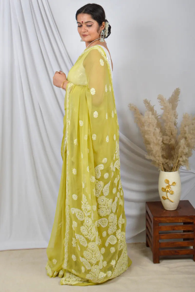 Fabnuma Handcrafted Green Georgette Lucknowi Chikankari Saree with Blouse.