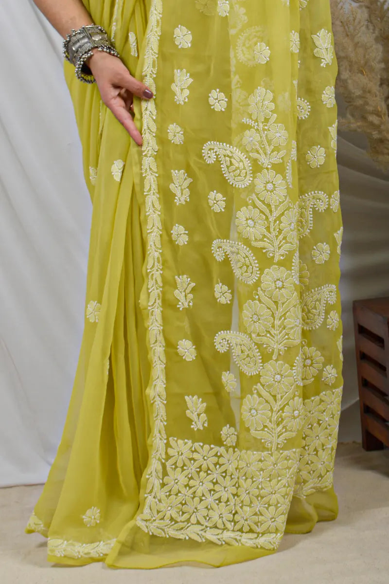 Fabnuma Handcrafted Green Georgette Lucknowi Chikankari Saree with Blouse.