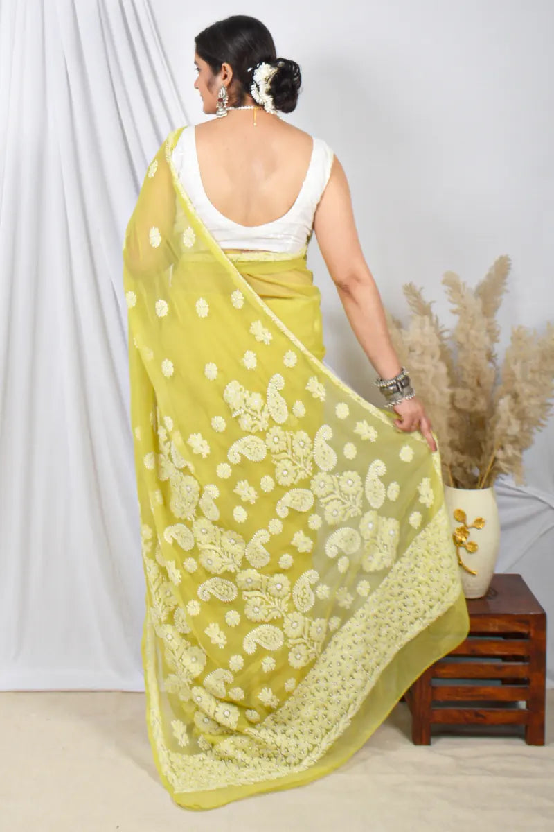 Fabnuma Handcrafted Green Georgette Lucknowi Chikankari Saree with Blouse.