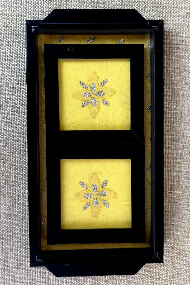 Yellow Handcrafted Lucknowi Chikankari Tray & Tea Coaster Set With hand-embroidered Lucknowi Chikankari