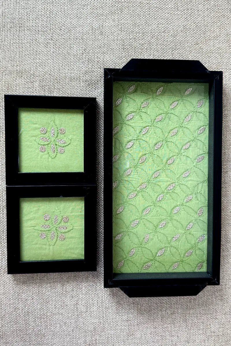 Green Handcrafted Lucknowi Chikankari Tray & Tea Coaster Set With hand-embroidered Lucknowi Chikankari