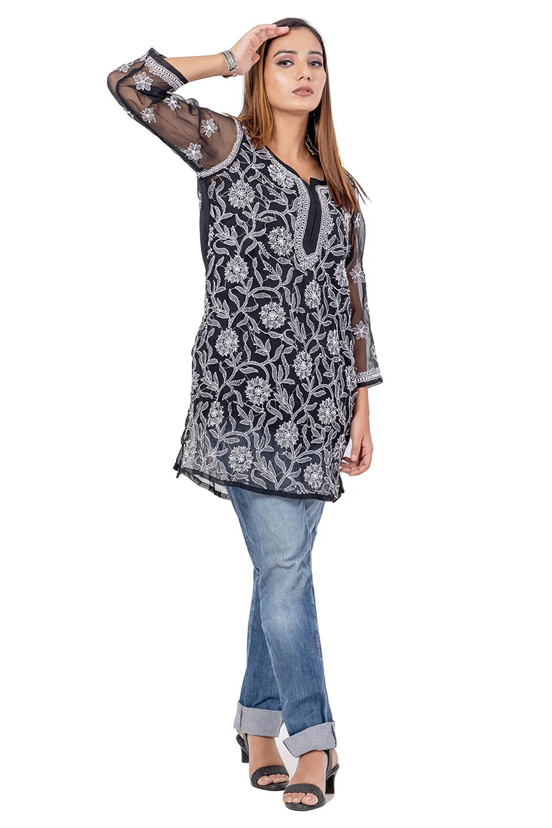 Fabnuma Handcrafted Chikankari Black Georgette Short Kurti Top with intricate embroidery and sheer sleeves.
