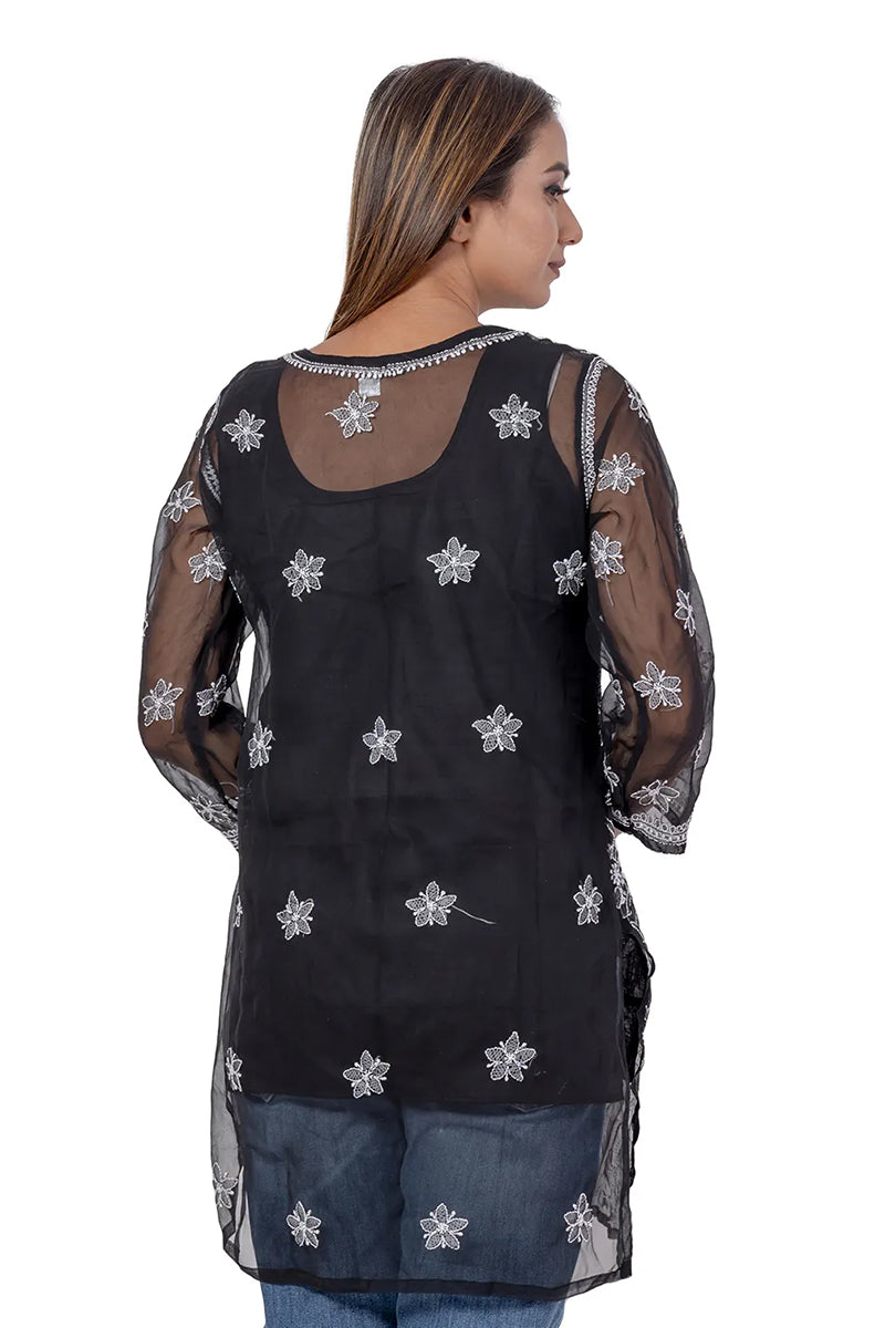 Fabnuma Handcrafted Chikankari Black Georgette Short Kurti Top with sheer sleeves and floral embroidery details.