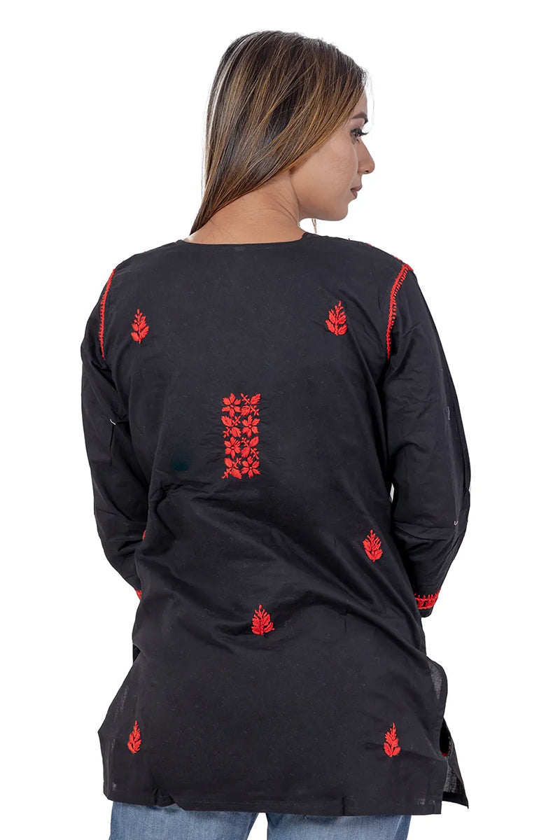 Fabnuma Handcrafted Chikankari Black Cotton Short Top featuring red embroidered details on the back in traditional style.