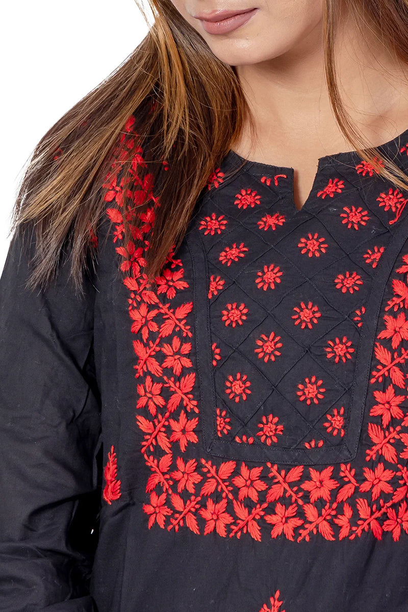 Fabnuma Handcrafted Chikankari Black Cotton Short Top with intricate red floral embroidery on black cotton fabric.