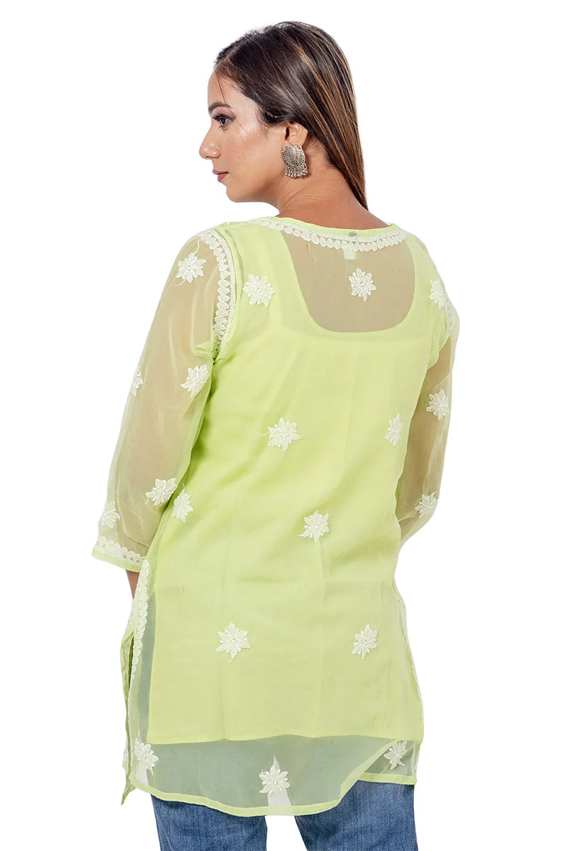 Fabnuma Handcrafted  Chikankari Light Green Georgette Short Kurti - Fabnuma