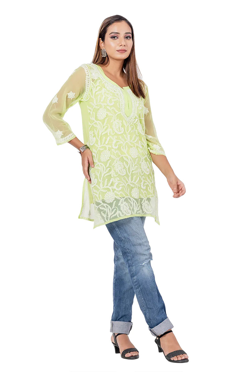 Fabnuma Handcrafted  Chikankari Light Green Georgette Short Kurti - Fabnuma