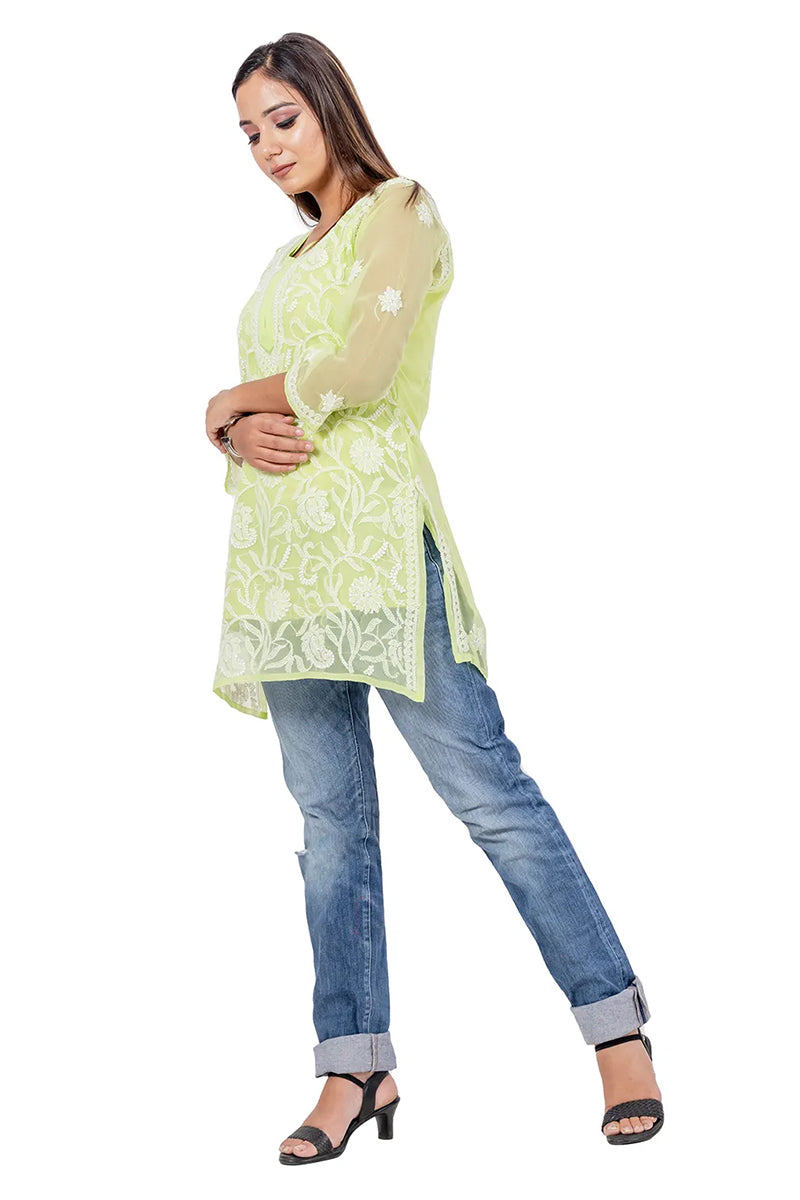 Fabnuma Handcrafted  Chikankari Light Green Georgette Short Kurti - Fabnuma