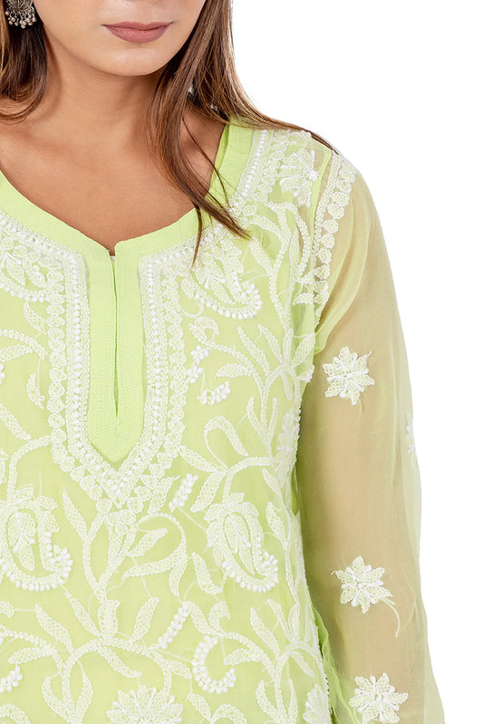 Fabnuma Handcrafted Chikankari Light Green Georgette Short Kurti - Fabnuma