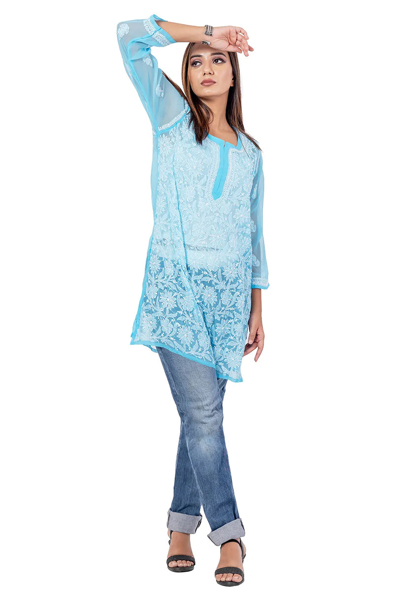 Fabnuma Handcrafted Chikankari Sky Blue Georgette Short Top with delicate traditional embroidery and sheer sleeves.