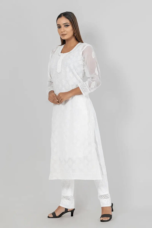 Memaana Handcrafted Chikankari White Georgette Kurti - Memaana