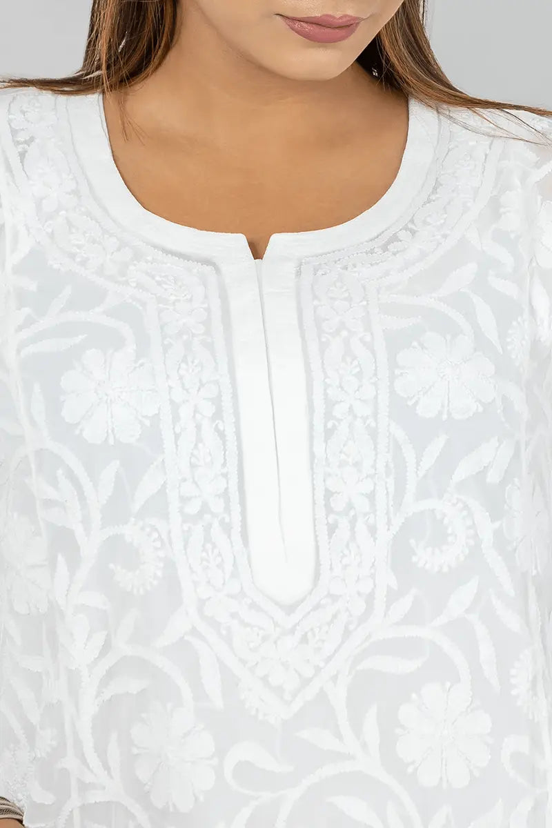 Memaana Handcrafted Georgette White Chikankari Kurti - Memaana
