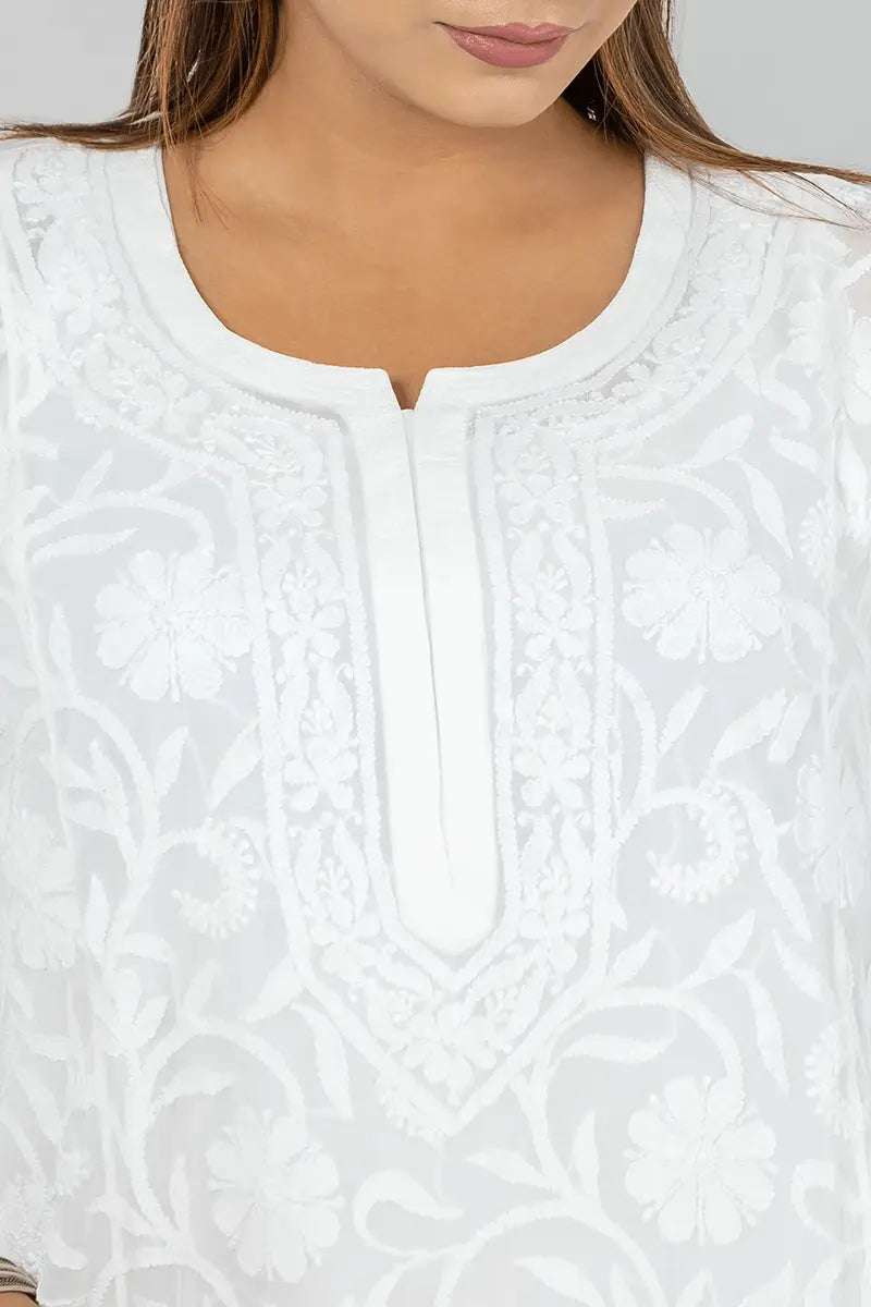 Memaana Handcrafted Georgette White Chikankari Kurti - Memaana