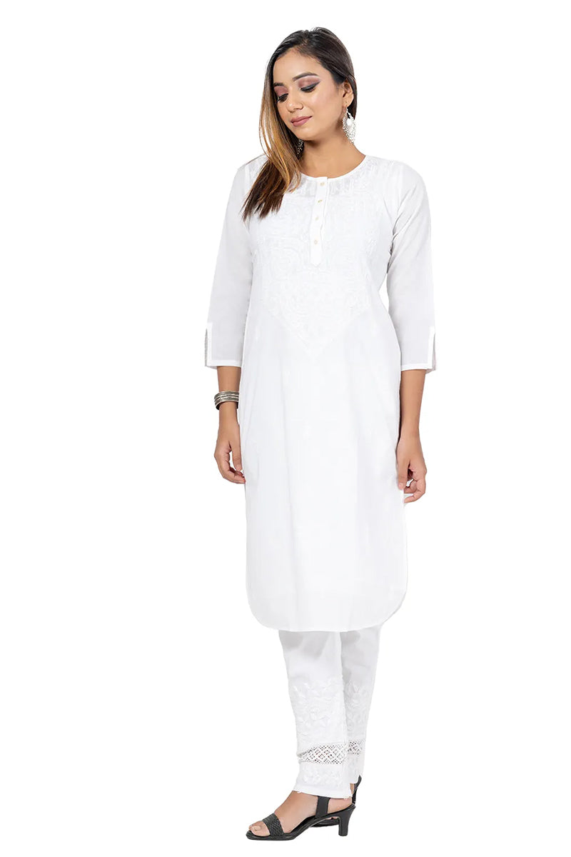 Fabnuma Handcrafted  White Cotton Chikankari Kurti - Fabnuma