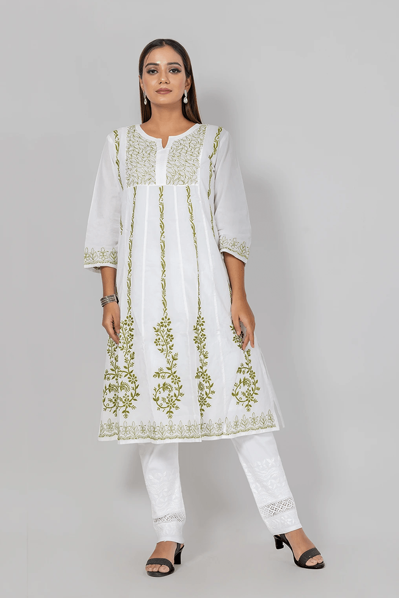 Fabnuma Handcrafted  Chikankari Designer White Cotton A-Line Kurti - Fabnuma