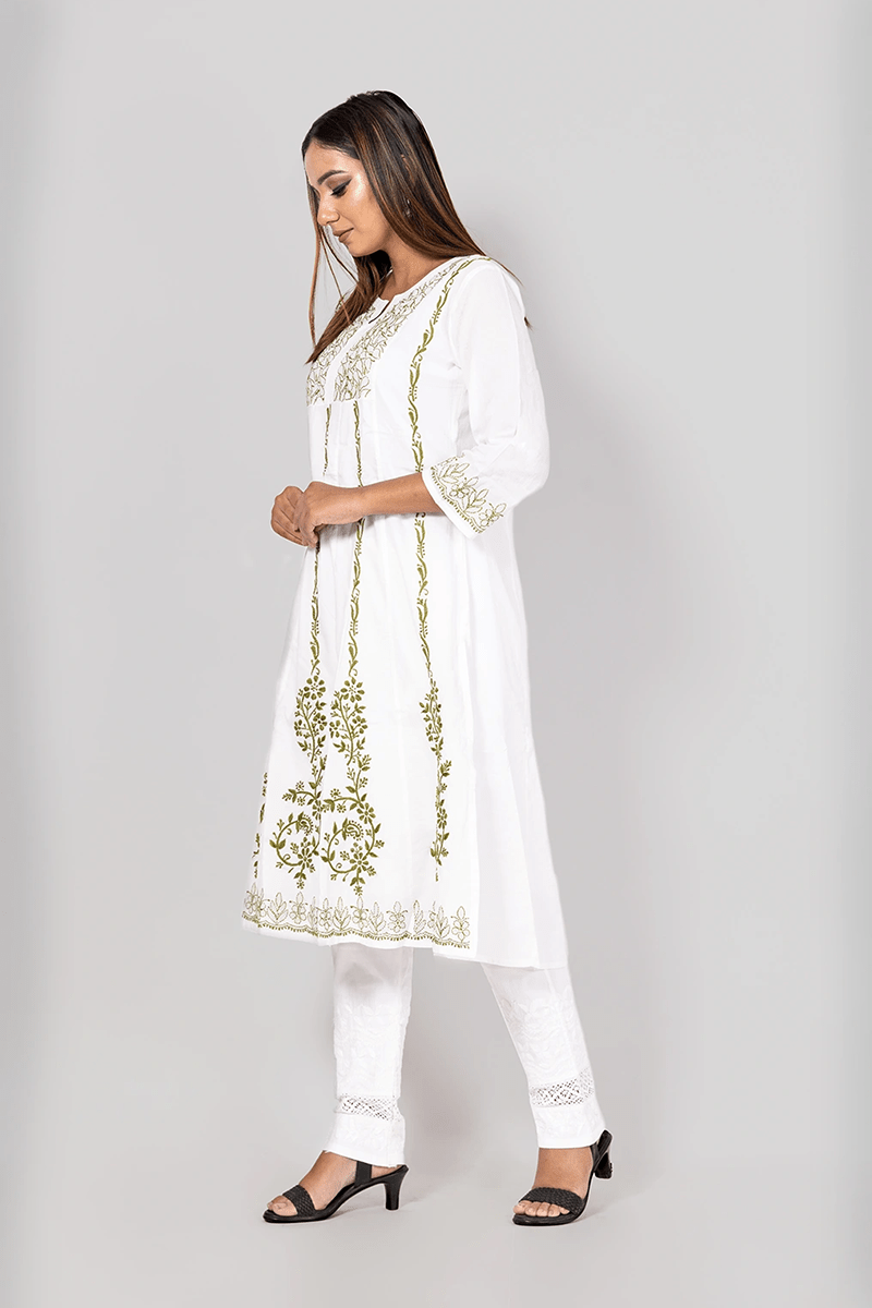 Fabnuma Handcrafted  Chikankari Designer White Cotton A-Line Kurti - Fabnuma