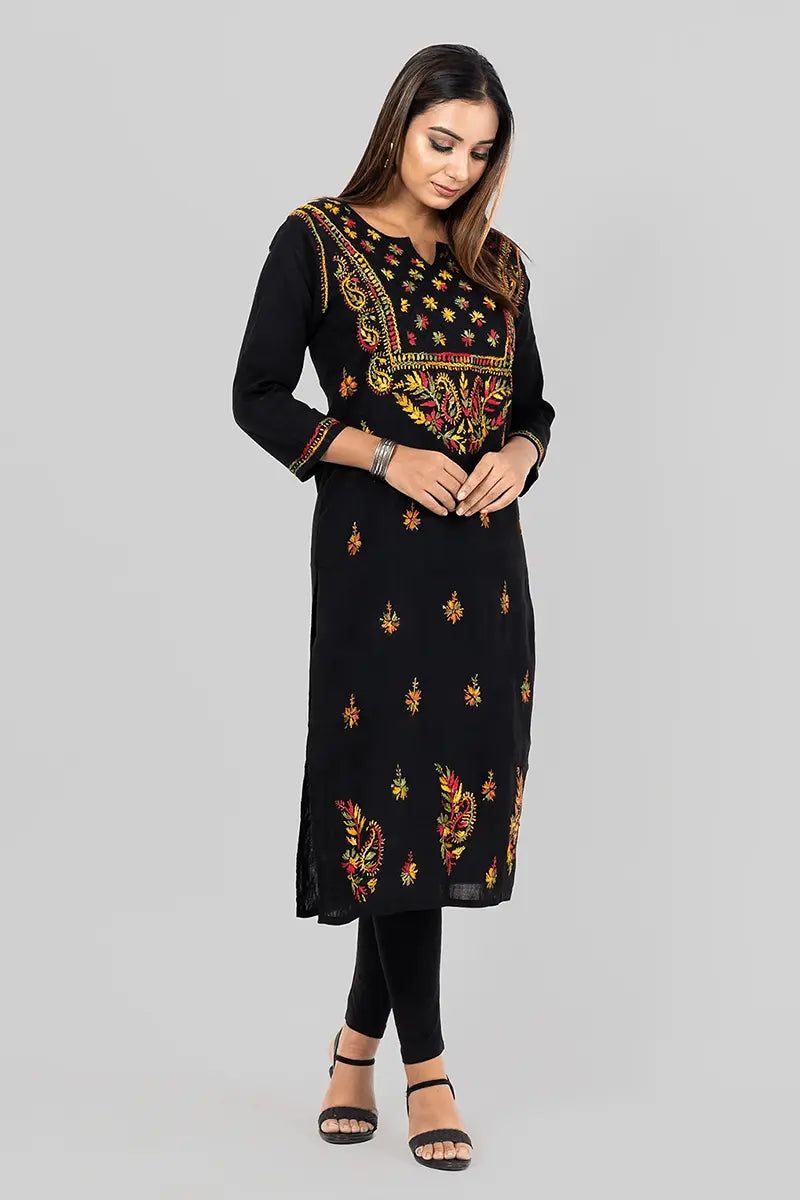 Fabnuma Handcrafted  Chikankar Black Cotton Designer Kurti - Fabnuma