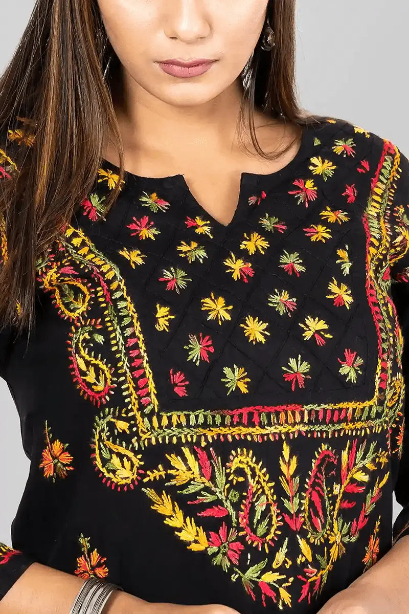Fabnuma Handcrafted  Chikankar Black Cotton Designer Kurti - Fabnuma