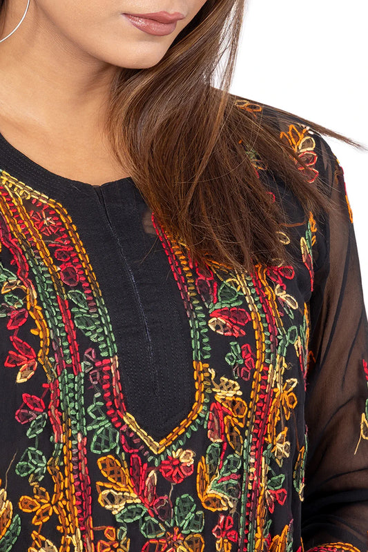Fabnuma Handcrafted Chikankari Georgette Black Kurti - Fabnuma