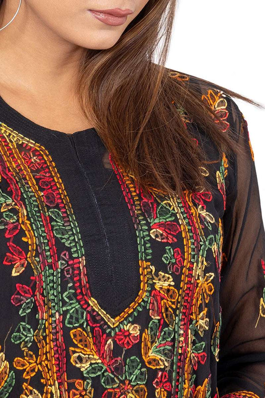 Fabnuma Handcrafted Chikankari Georgette Black Kurti - Fabnuma