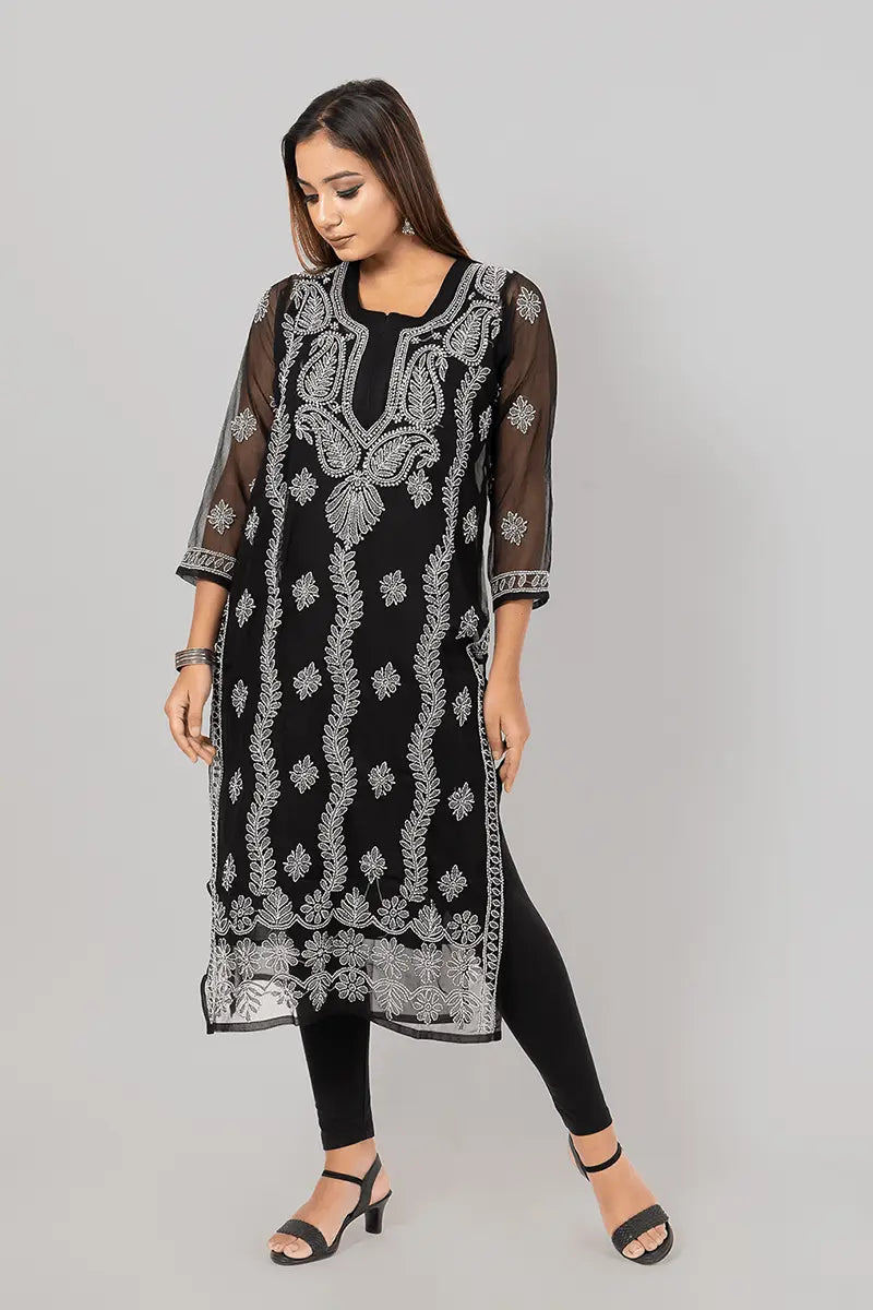 Fabnuma Handcrafted  Chikankar Black Georgette Kurti Designer Pattern - Fabnuma