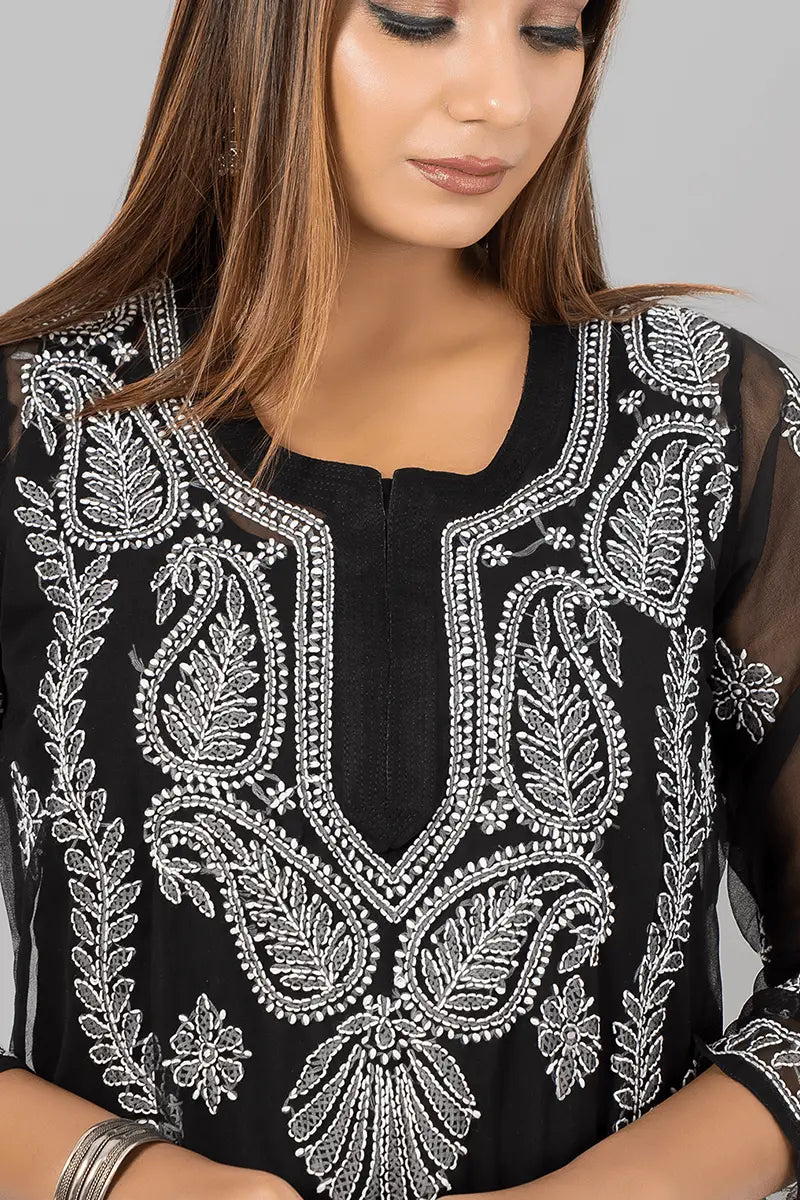 Fabnuma Handcrafted  Chikankar Black Georgette Kurti Designer Pattern - Fabnuma