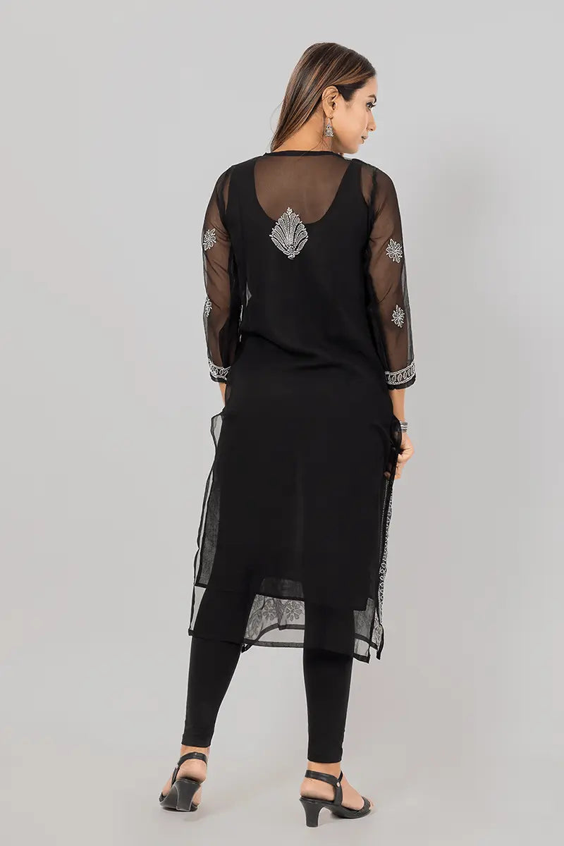 Fabnuma Handcrafted  Chikankar Black Georgette Kurti Designer Pattern - Fabnuma
