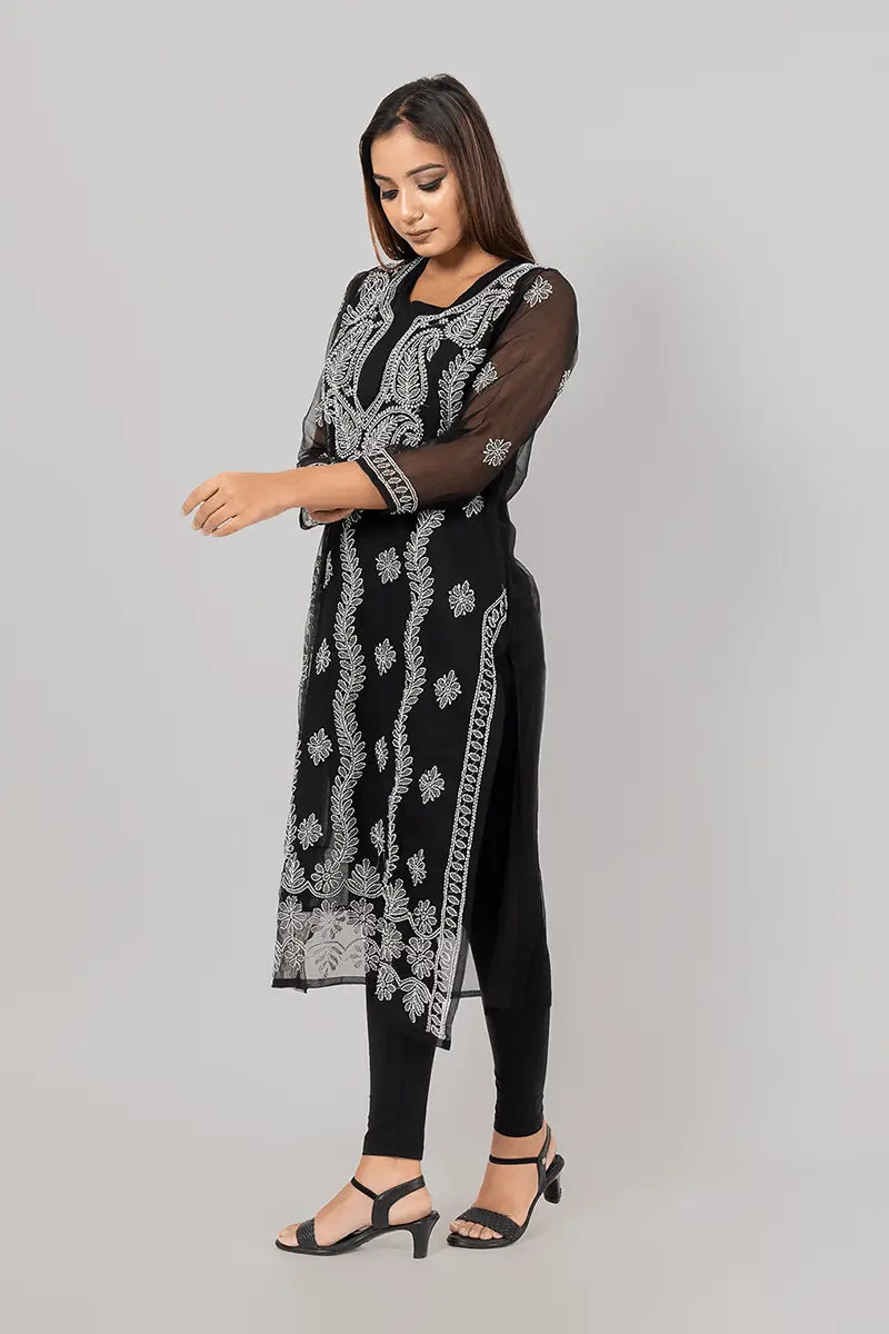 Fabnuma Handcrafted  Chikankar Black Georgette Kurti Designer Pattern - Fabnuma