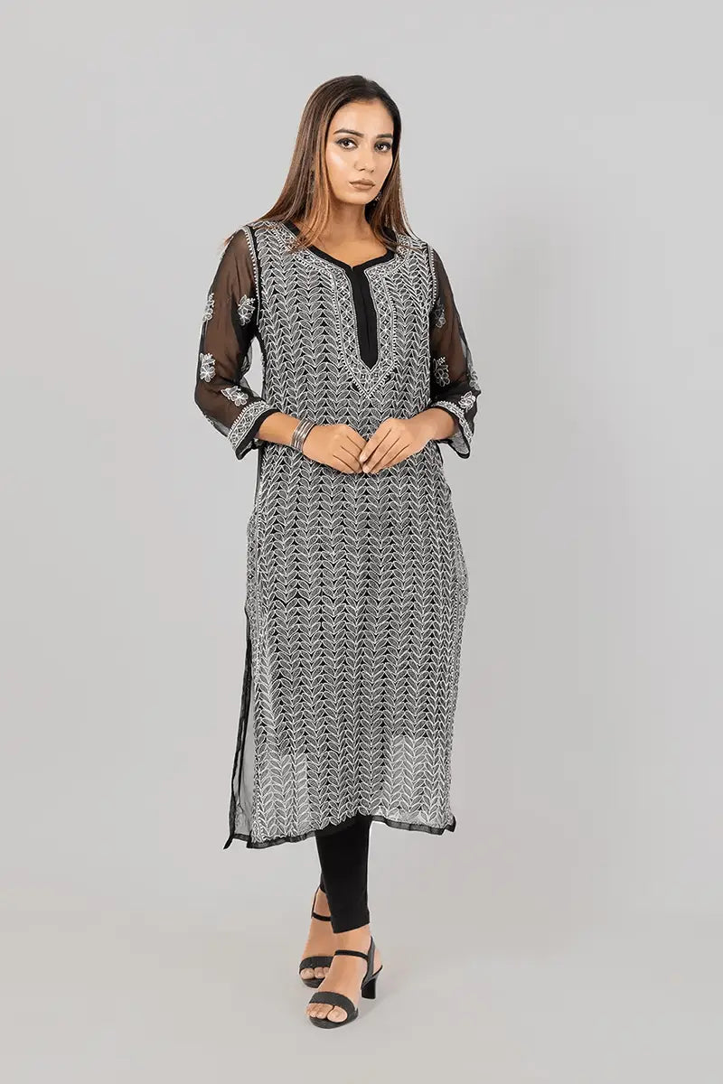 Memaana Handcrafted Black Georgette Chikankari Kurti - Memaana
