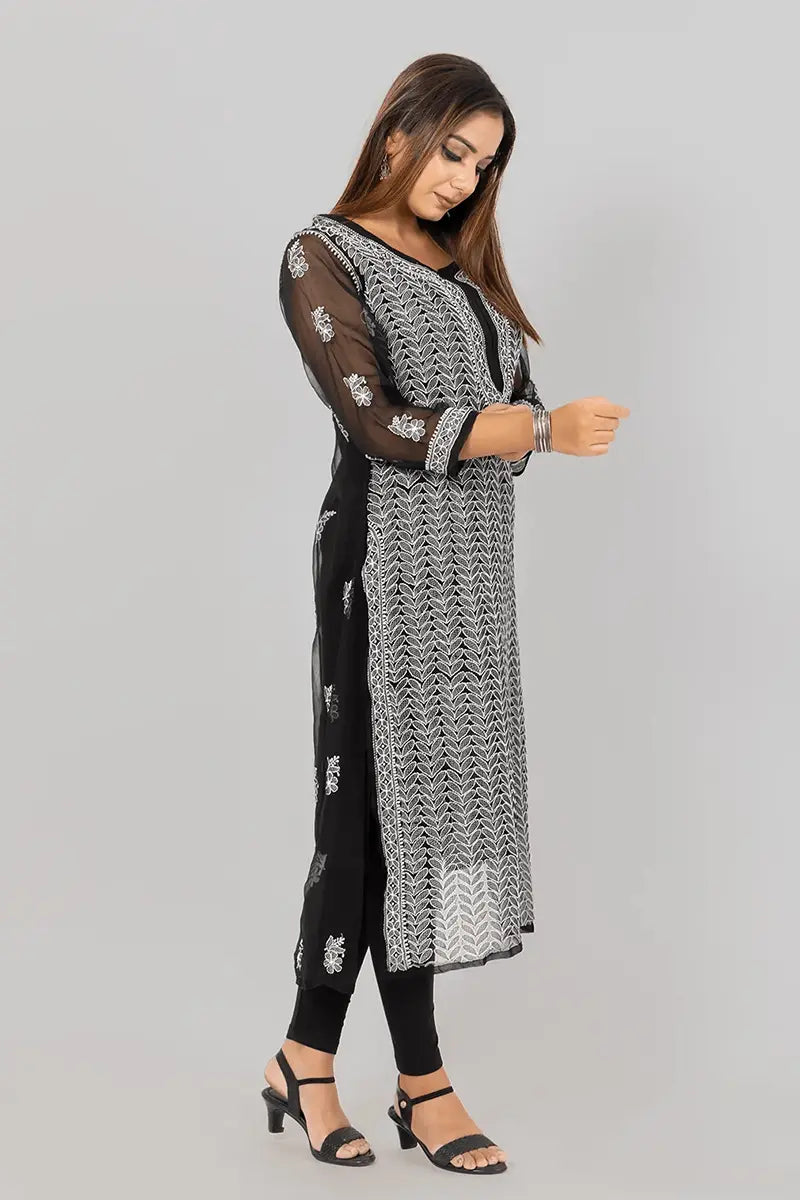 Memaana Handcrafted Black Georgette Chikankari Kurti - Memaana