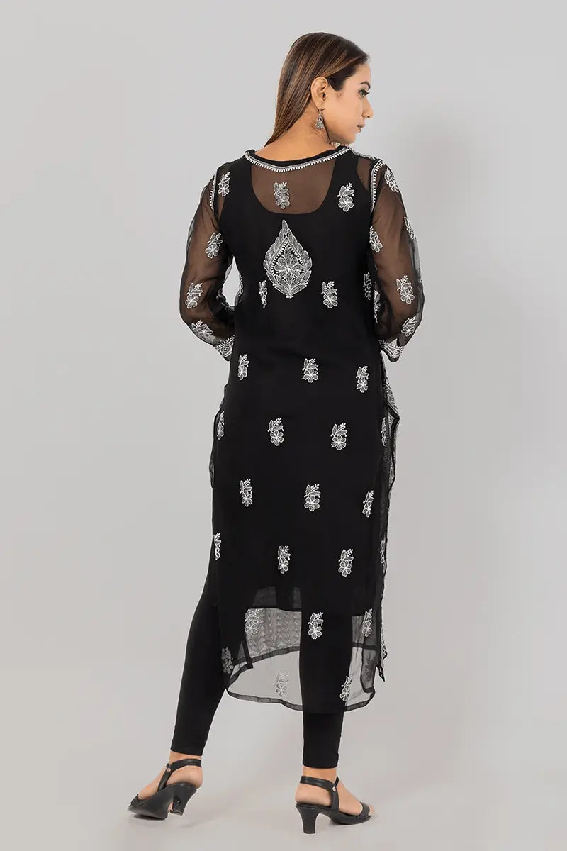 Memaana Handcrafted Black Georgette Chikankari Kurti - Memaana