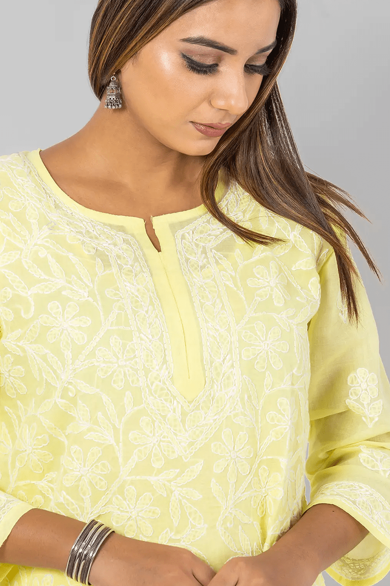Fabnuma Handcrafted  Chikankari Designer Lemon Cotton Kurti - Fabnuma