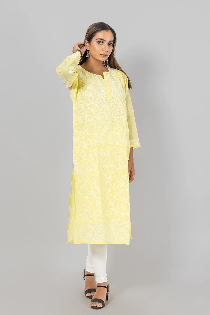Fabnuma Handcrafted  Chikankari Designer Lemon Cotton Kurti - Fabnuma