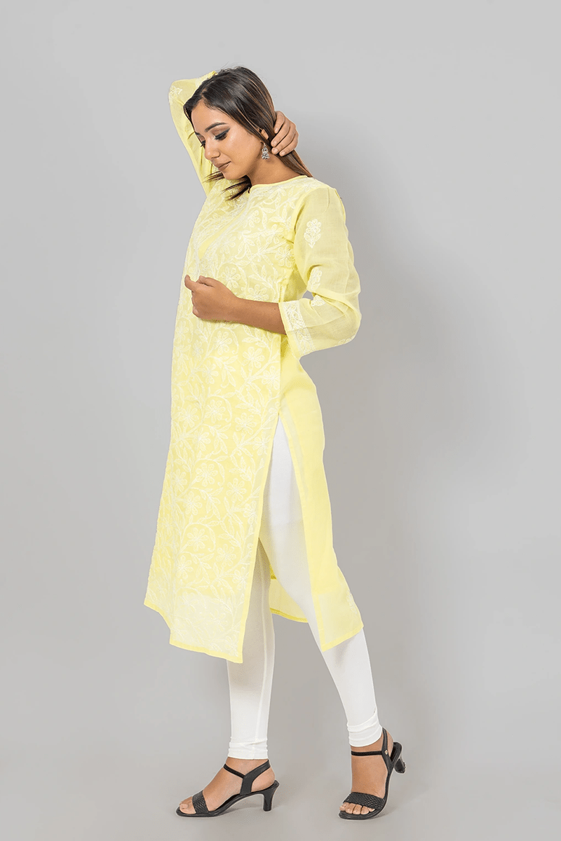 Fabnuma Handcrafted  Chikankari Designer Lemon Cotton Kurti - Fabnuma
